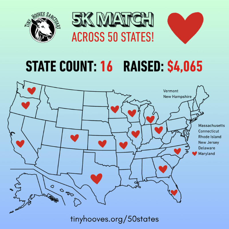 A map of the United States with red hearts marking participating states is set against a light blue gradient background with fundraising text and a logo.
