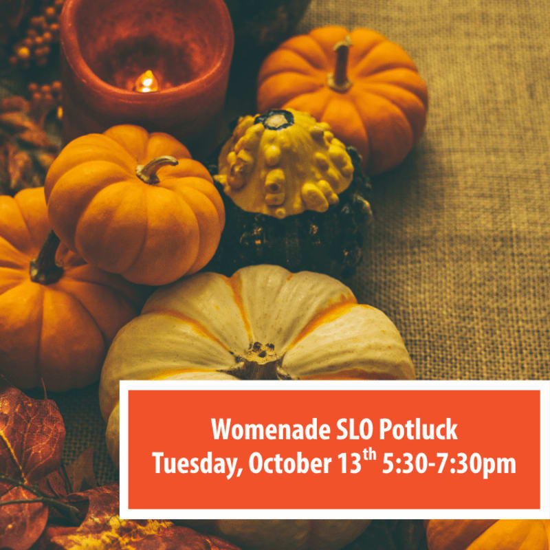 Small pumpkins and a lit candle sit on a burlap surface, with a red announcement banner for a potluck event overlaid at the bottom.