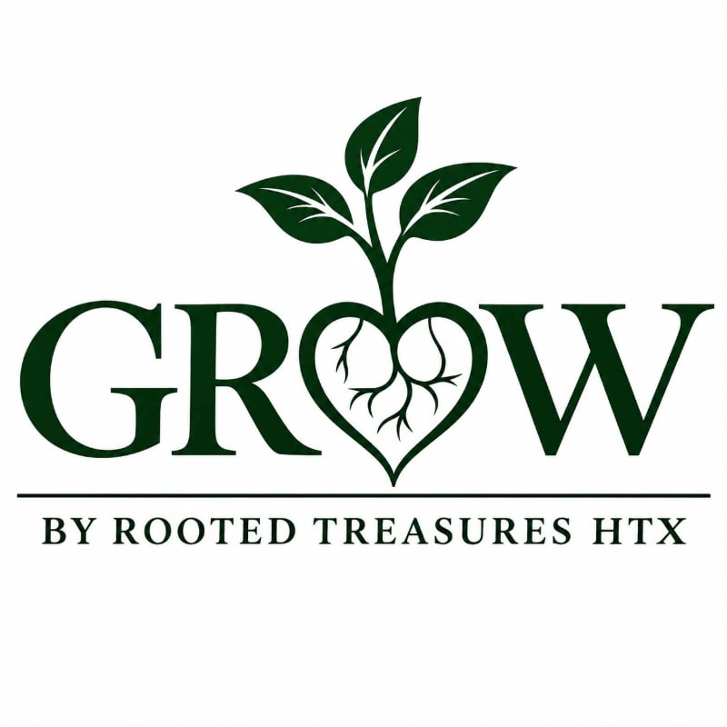 A dark green logo featuring the word "GROW" with a heart-shaped root system and a sprouting plant is centered against a plain white background.