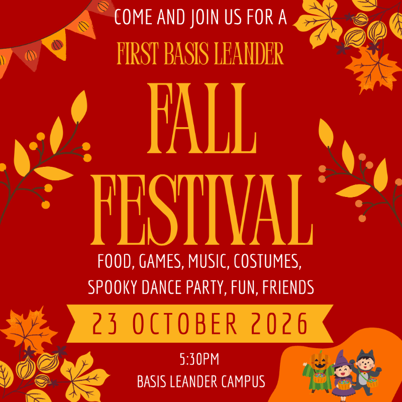 Yellow and orange autumn leaves and festive characters frame a red background featuring text for a Fall Festival on October 23, 2026.