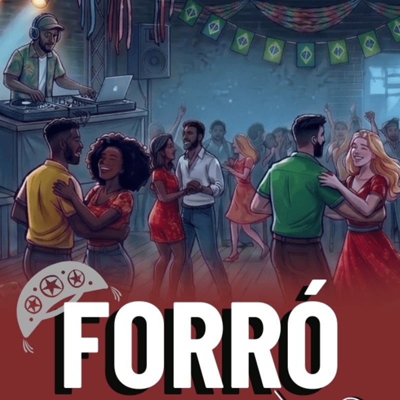 Couples dance in a festive room decorated with banners, while a DJ performs in the background.