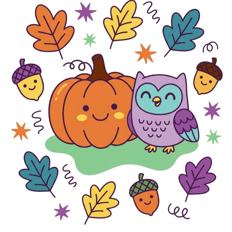 A smiling orange pumpkin and a purple owl sit together in the foreground, surrounded by a colorful border of autumn leaves and acorns in the background.