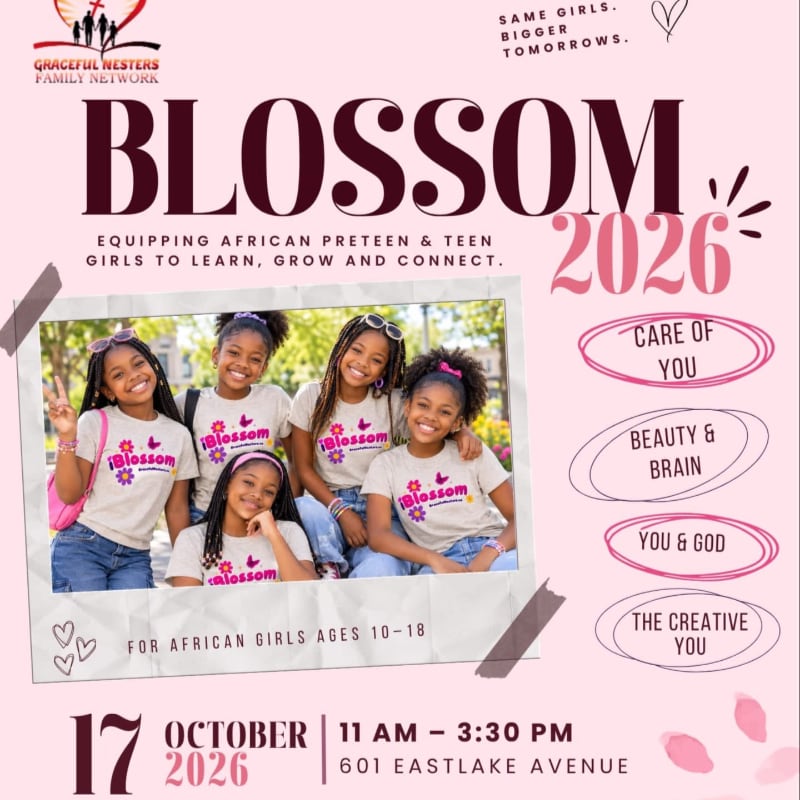 A promotional flyer for "Blossom 2026" features a photo of four smiling African girls in the foreground against a light pink background with event details and registration information.
