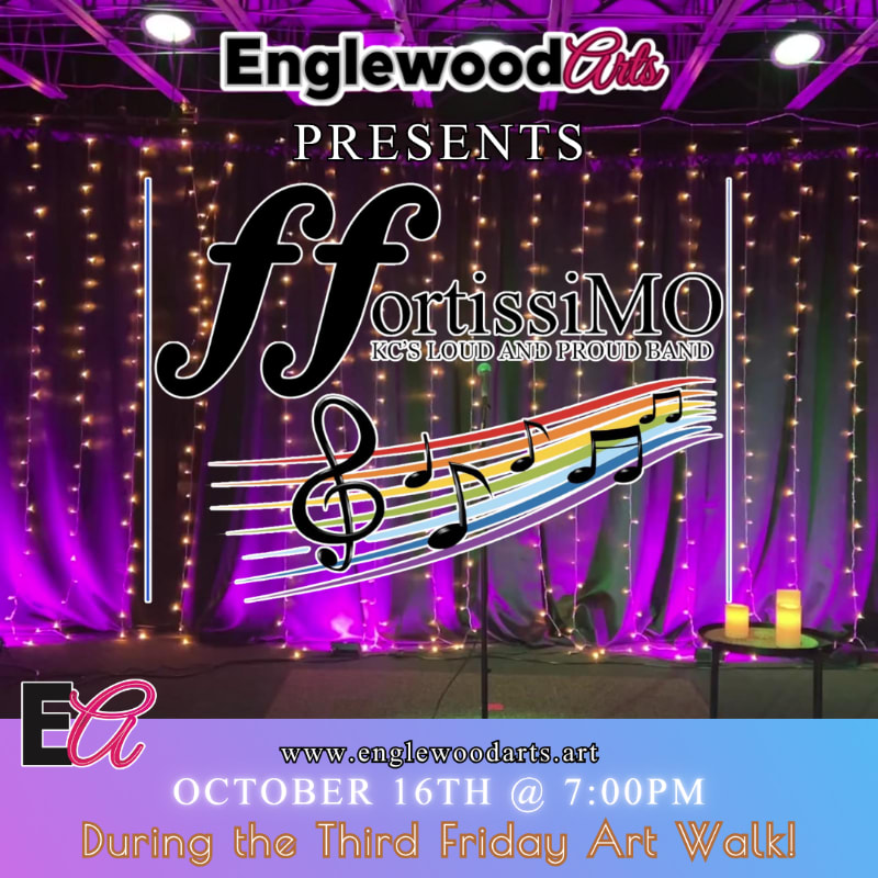 A promotional flyer for a concert by "Fortissimo" features bold text and musical notes in the foreground against a background of purple curtains draped with fairy lights.
