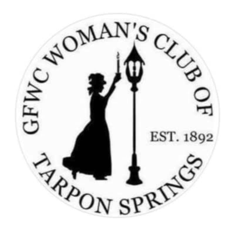 A black silhouette of a woman standing next to a lamp post is centered within a white circular border containing the text "GFWC WOMAN'S CLUB OF TARPON SPRINGS EST. 1892".