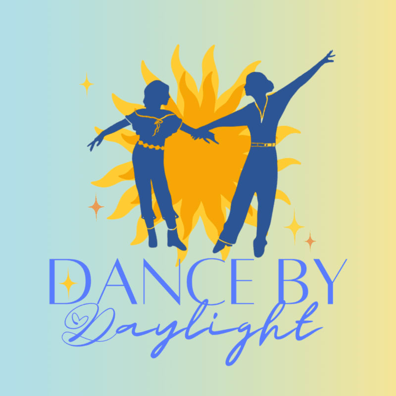 Two blue silhouettes of dancers hold hands in the foreground against a bright yellow sun and a light blue-to-yellow gradient background.