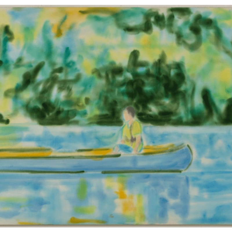 A person in a yellow shirt sits in a blue canoe on a calm lake, set against a backdrop of blurred green trees and a yellow-tinted sky.