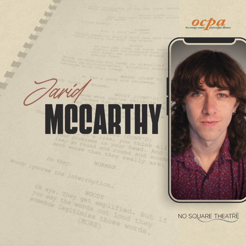 A portrait of Jarid McCarthy inside a smartphone frame is set against a background of a script page.