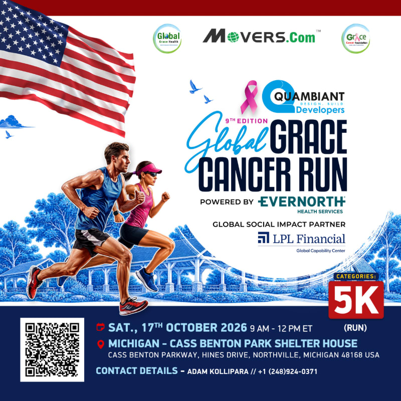 Two runners sprint across a blue-tinted landscape in the foreground, while an American flag and event sponsorship logos fill the background.