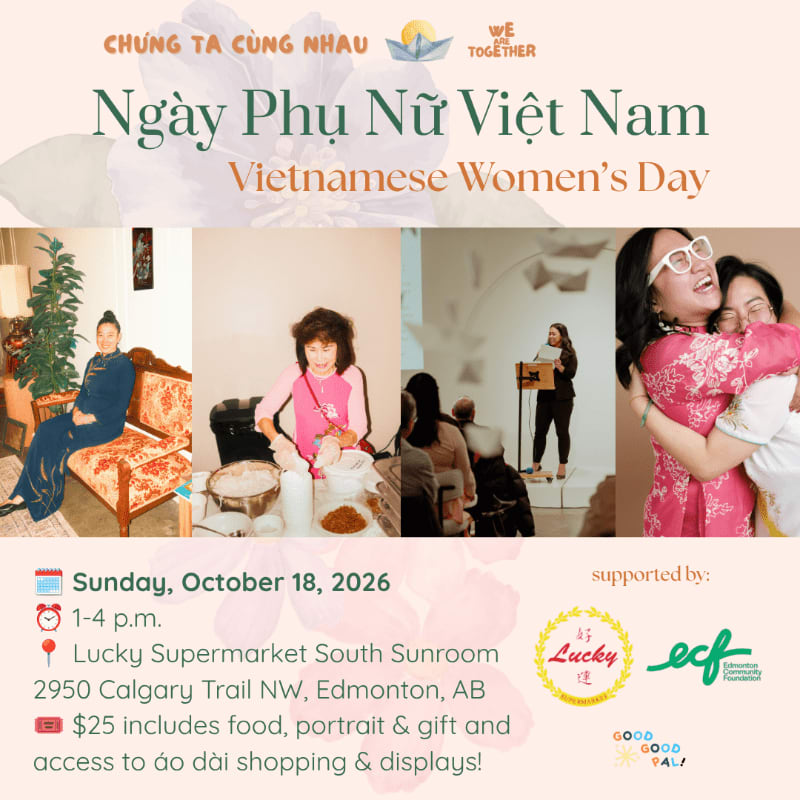 A promotional flyer for Vietnamese Women's Day features a collage of four photos in the center, set against a light background with floral accents and event details at the bottom.