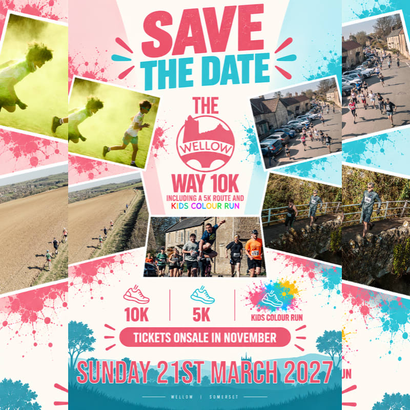 A colorful event flyer for "The Wellow Way 10K" features race photos in the foreground against a bright, splattered pink and blue background.
