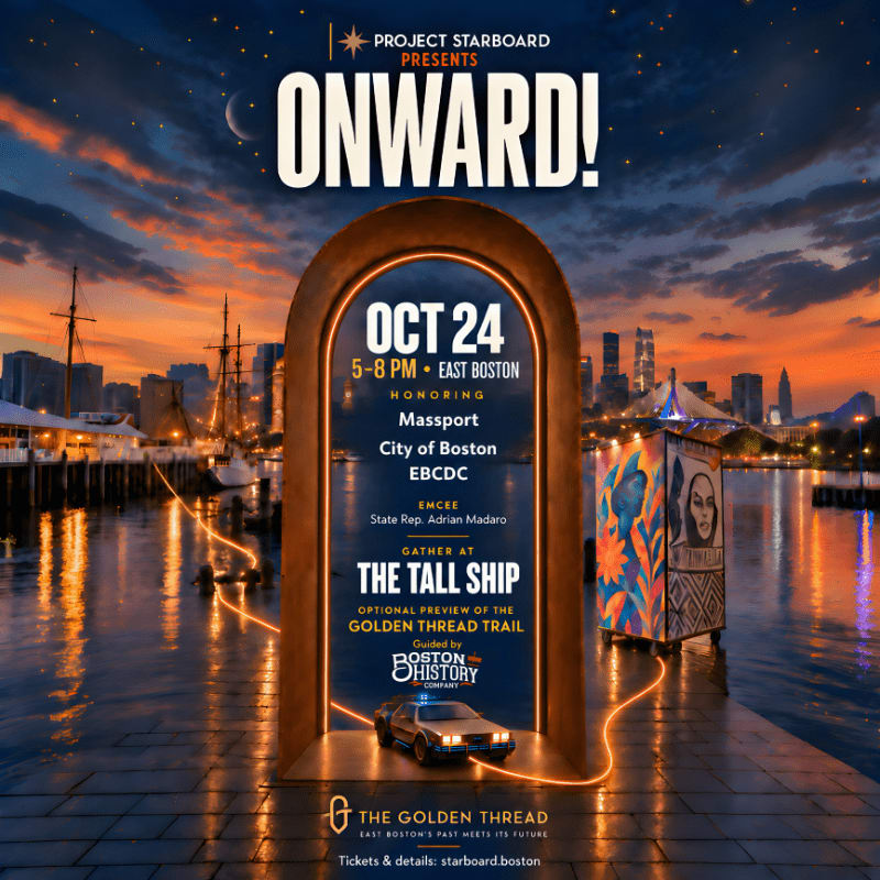 An event flyer for "ONWARD!" features a large golden archway containing event details in the foreground, set against a sunset harbor backdrop with tall ships and a city skyline.