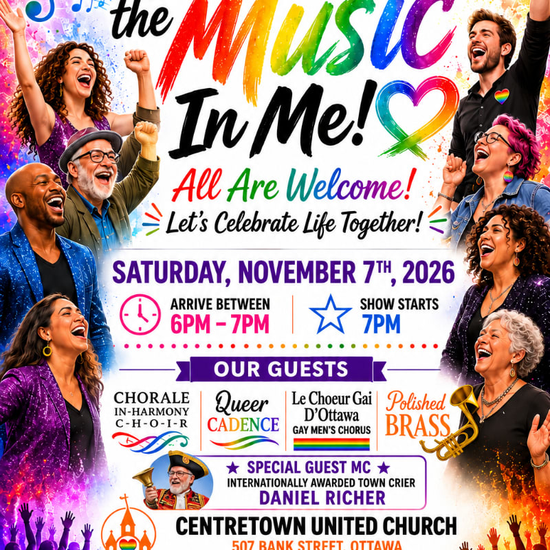 A colorful event flyer featuring joyful people and event details in the foreground against a vibrant, rainbow-splattered white background.