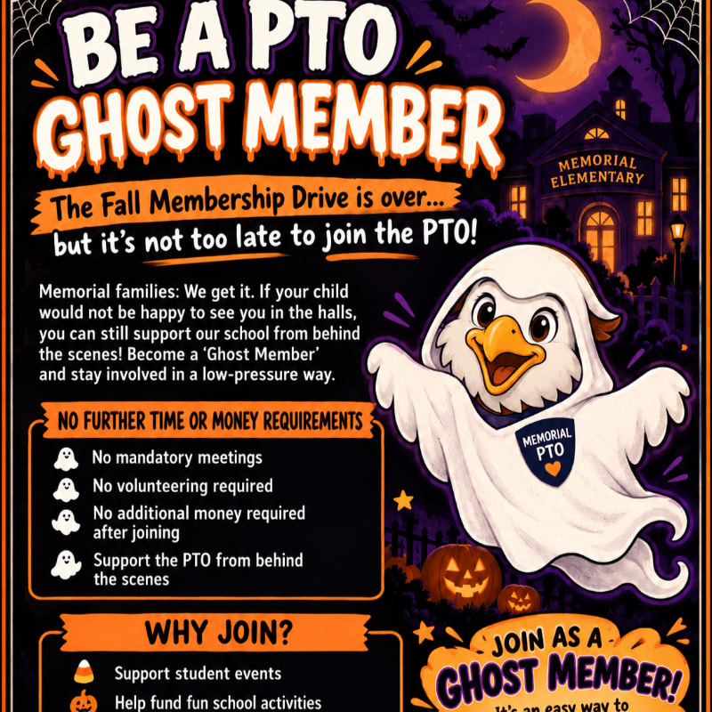 A cartoon bird wearing a ghost sheet stands in the foreground of a Halloween-themed flyer featuring a spooky school building and a crescent moon in the background.