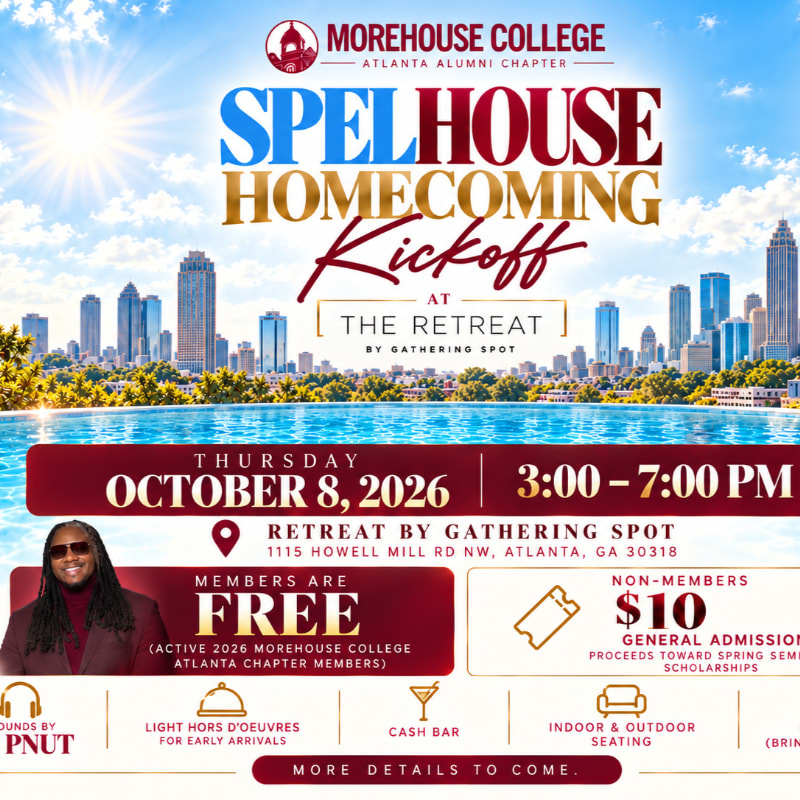 A promotional flyer for the SpelHouse Homecoming Kickoff features bold event text in the foreground against a background of a sunny city skyline and a swimming pool.