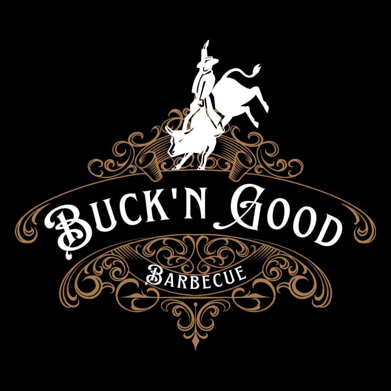 A white silhouette of a bucking bronco rider and ornate gold lettering reading "BUCK'N GOOD BARBECUE" are set against a solid black background.
