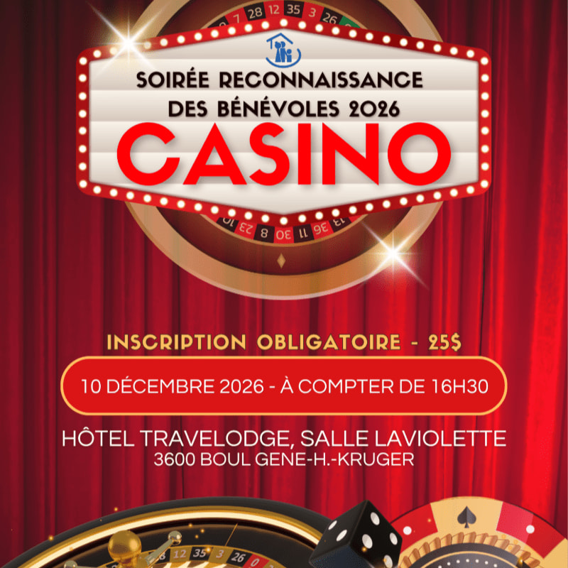 A casino-themed event flyer with a central marquee sign and gambling elements in the foreground, set against a backdrop of red curtains and a roulette wheel.
