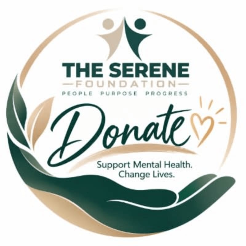 A circular logo for The Serene Foundation features the word "Donate" and a heart in the foreground, set against a white background with stylized figures and a supportive hand.