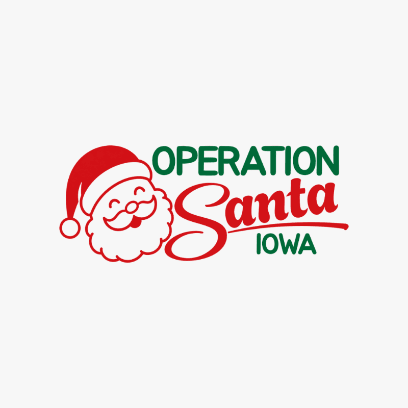 A logo featuring a red and white Santa Claus illustration with the text "OPERATION Santa IOWA" set against a plain white background.