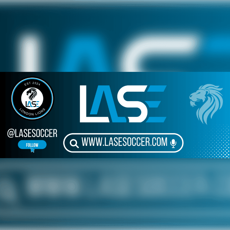 A blue and black promotional banner for LASE London Lions featuring a logo, website, and social media handle set against a blurred blue background.
