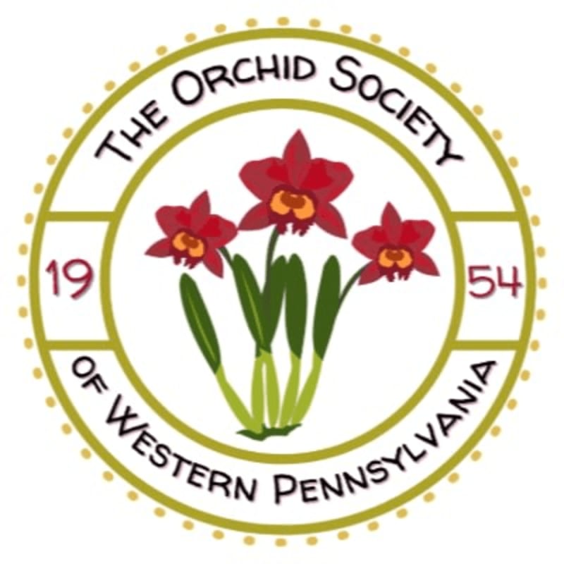 Three red orchids with green stems are centered within a circular gold-bordered emblem containing the text "The Orchid Society of Western Pennsylvania" and the year "1954" against a white background.