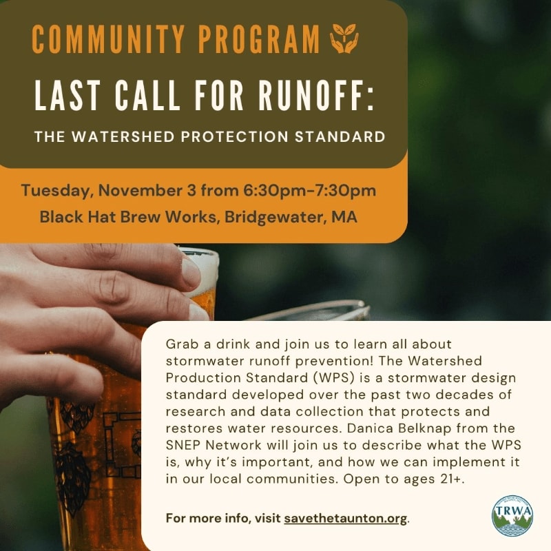 A hand holds a glass of beer in the foreground, set against a blurred background and overlaid with event details for a community program on watershed protection.