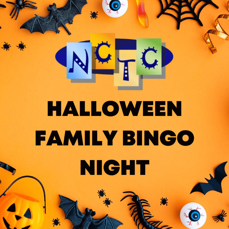 Bold black text announcing "HALLOWEEN FAMILY BINGO NIGHT" and a colorful logo sit centered on an orange background surrounded by spooky decorations like bats, spiders, and eyeballs.