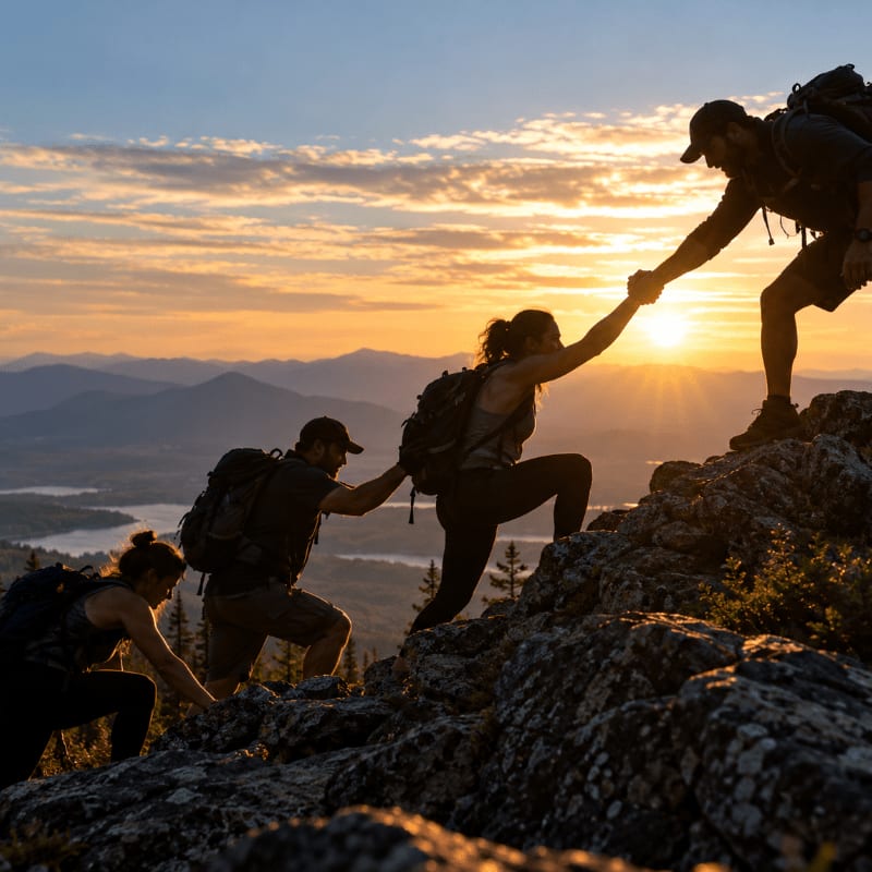 Four hikers climb a rocky mountain ridge in the foreground, with a vast valley and distant mountains under a glowing sunset in the background.