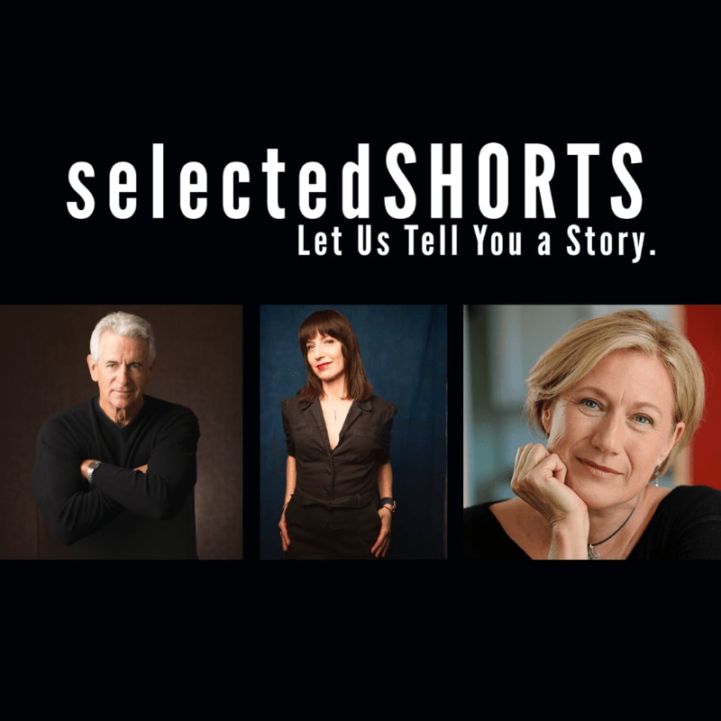 Three portrait photos of different people are positioned below the white text "selectedSHORTS Let Us Tell You a Story" against a solid black background.