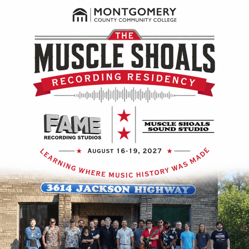 A promotional flyer for the Muscle Shoals Recording Residency features event details and logos in the foreground over a photo of a group of people standing in front of a building in the background.