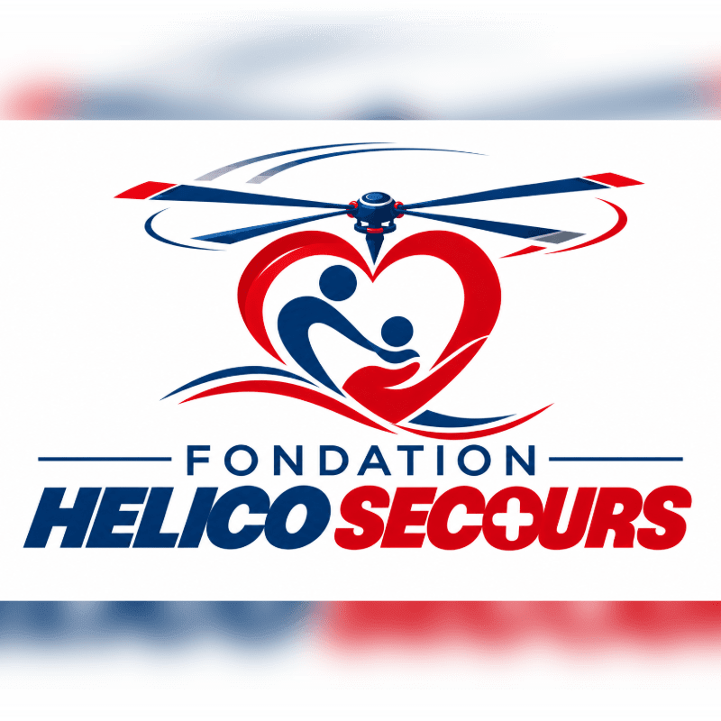 A logo featuring a red heart enclosing two stylized figures beneath a helicopter rotor is set against a white background with blurred red and blue borders.