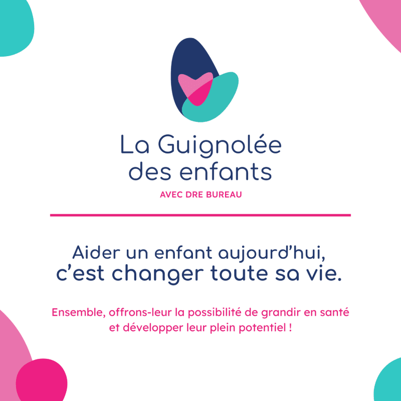 French text and a colorful heart logo are centered on a white background accented with abstract pink and teal shapes.