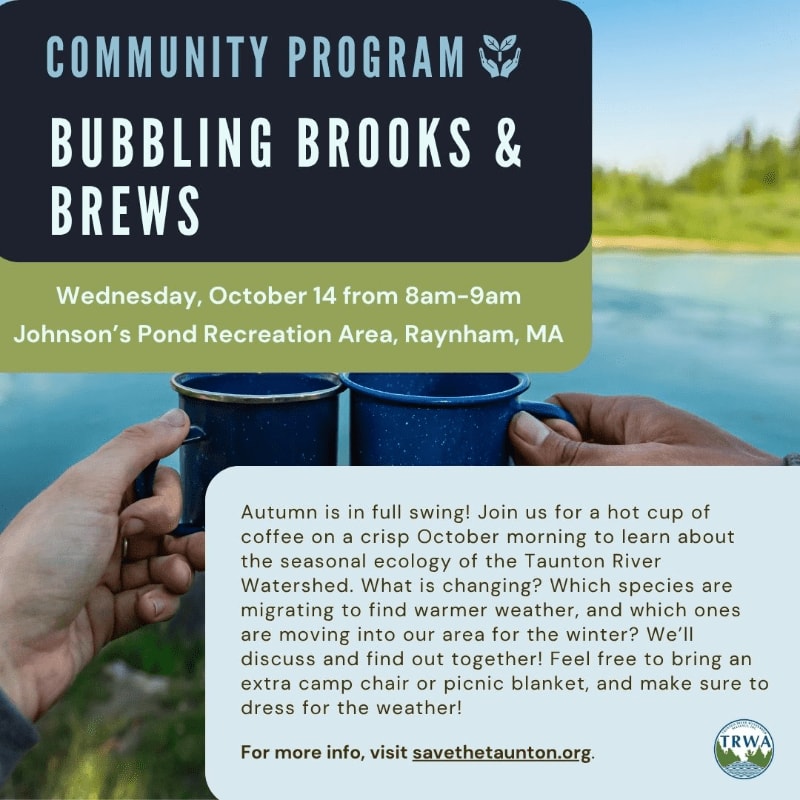 Two hands hold blue enamel mugs in the foreground against a blurred background of a blue pond and green trees, overlaid with event details for "Bubbling Brooks & Brews."