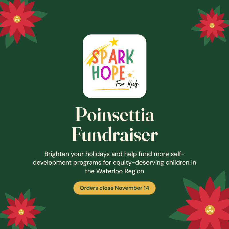 A Poinsettia Fundraiser announcement with a "Spark Hope For Kids" logo and text is centered against a dark green background decorated with red poinsettia flowers in the corners.