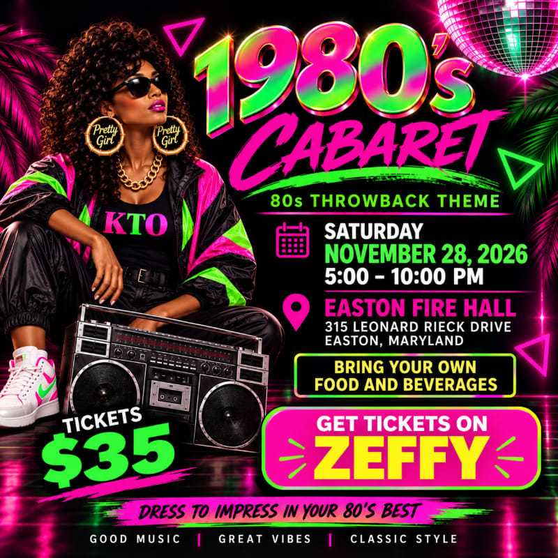 A woman in 80s attire sits beside a boombox in the foreground, set against a vibrant neon background advertising a "1980s Cabaret" event.