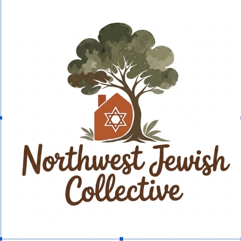 A logo featuring a small orange house with a Star of David in the foreground, set against a large green tree and a plain white background with the text "Northwest Jewish Collective" below.