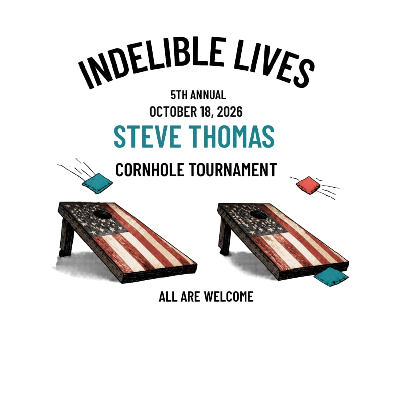 Two American flag-themed cornhole boards and flying bean bags are centered against a white background with event text.