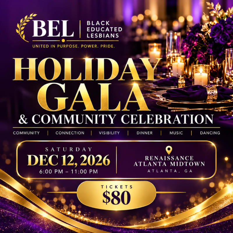 Gold and white text announcing a "Holiday Gala" sits in the foreground over a background of an elegantly set dinner table with candles and purple flowers.