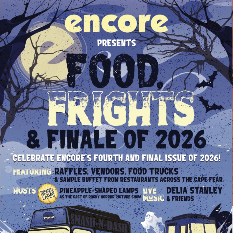 Bold text announcing "Food, Frights & Finale of 2026" sits in the foreground against a spooky background of bare trees, bats, and a large moon.