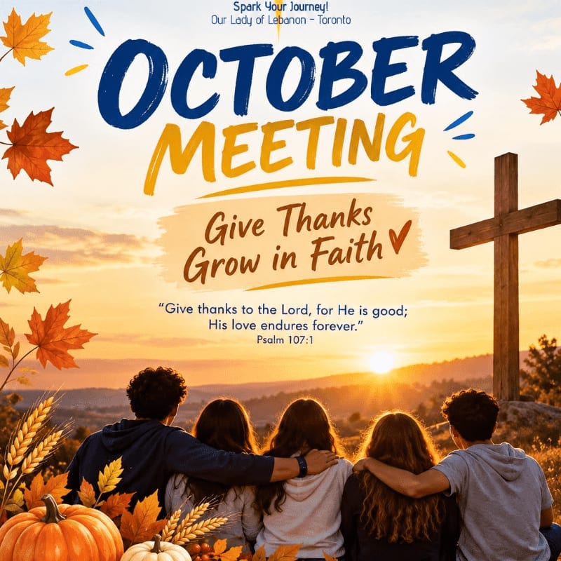 Four people sit together looking toward a sunset and a large wooden cross in the background, surrounded by autumn leaves and pumpkins in the foreground.