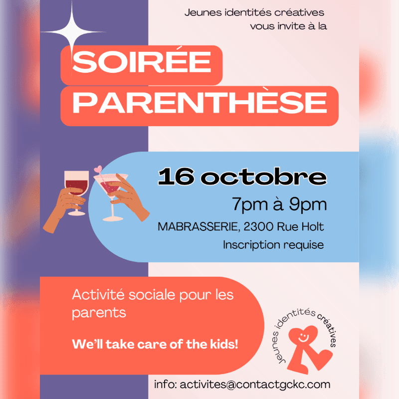 An event flyer for "Soirée Parenthèse" features red and blue text blocks and an illustration of two wine glasses in the foreground against a multi-colored gradient background.