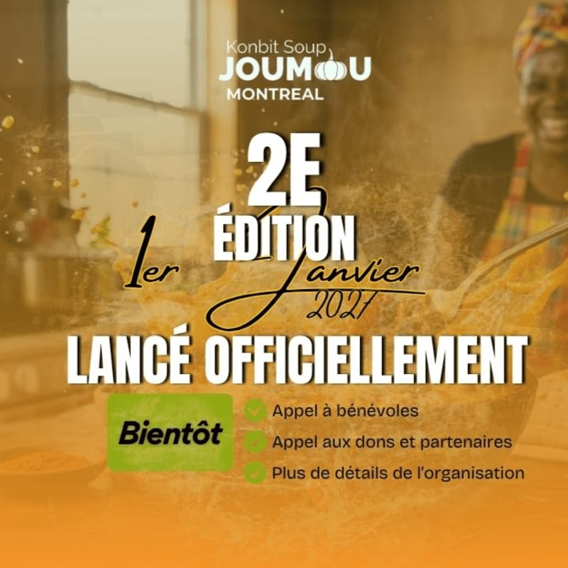 Text announcing the 2nd edition of "Konbit Soup Joumou Montreal" on January 1st, 2021, overlays a background of a smiling woman preparing soup in a kitchen.