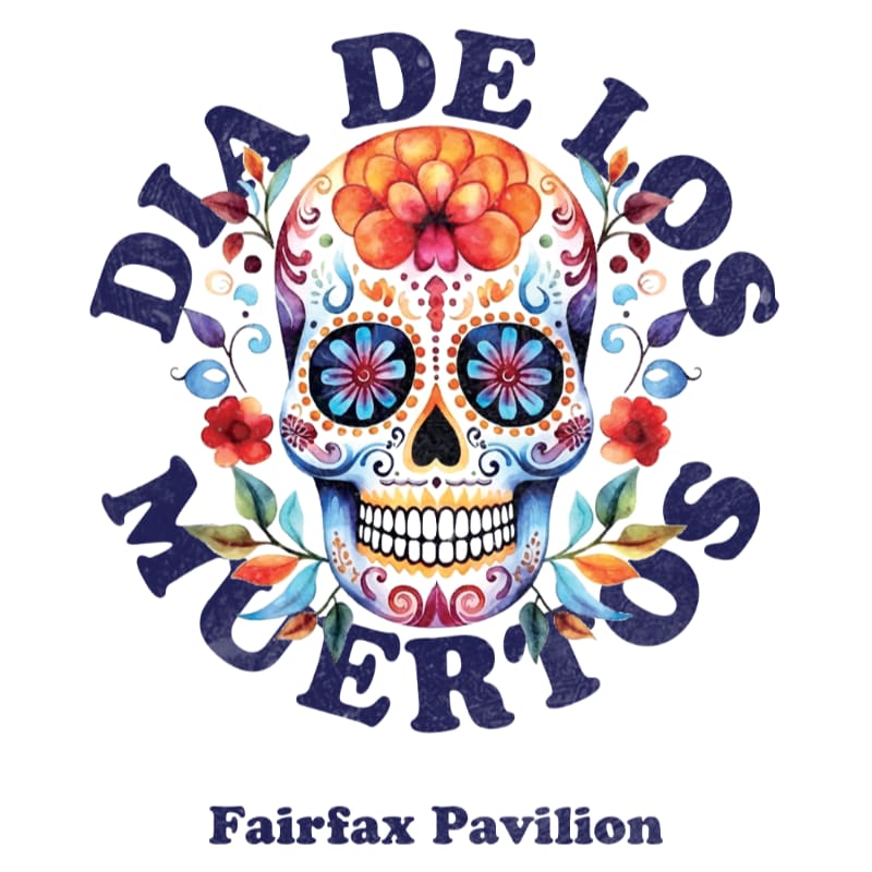 A vibrantly decorated sugar skull with floral accents is centered on a white background, with the words "DIA DE LOS MUERTOS" arching above and below it, and "Bolinas Park" printed at the bottom.