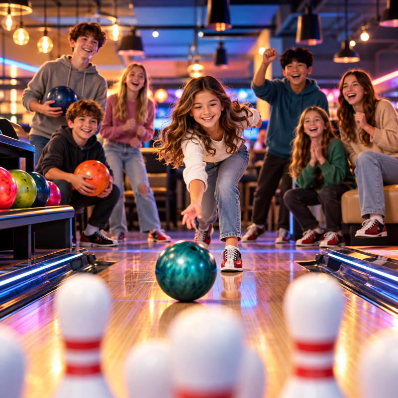 A bowling ball rolls down a lane toward white pins in the foreground, while a group of cheering teenagers watches from the background.