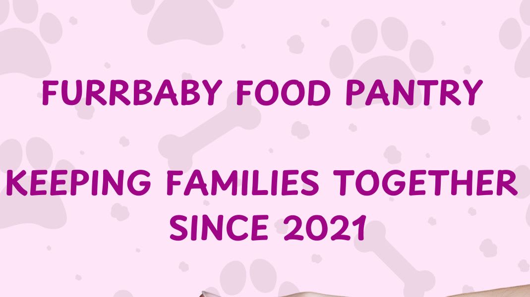 Purple text reading "FURRBABY FOOD PANTRY KEEPING FAMILIES TOGETHER SINCE 2021" is centered over a light pink background featuring faint paw prints and bone shapes.