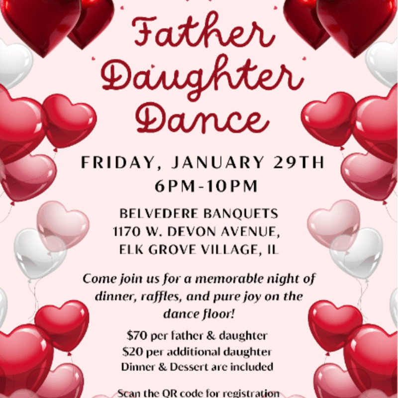 Red and white heart balloons frame a central announcement for a Father Daughter Dance on a light pink background.