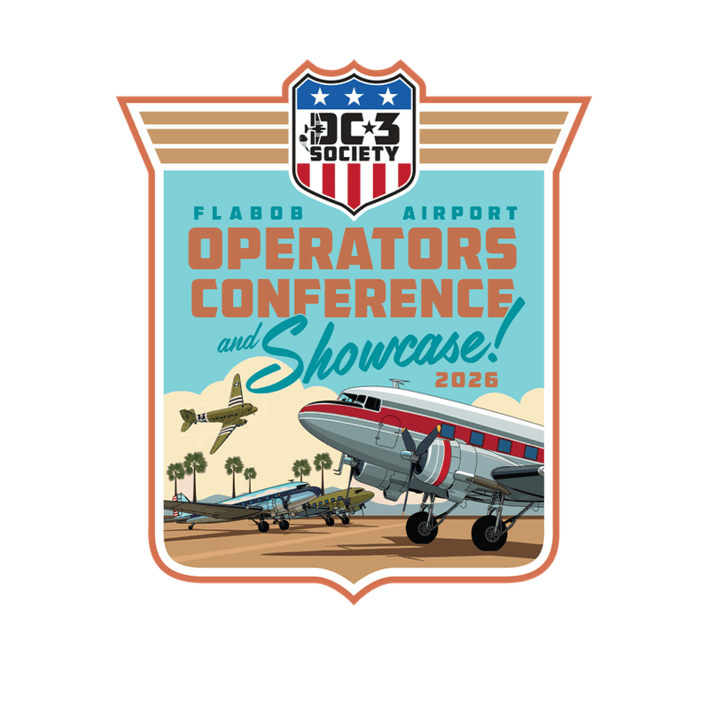 Several vintage aircraft sit on a desert airfield with palm trees under a blue sky, all framed within a commemorative event badge.