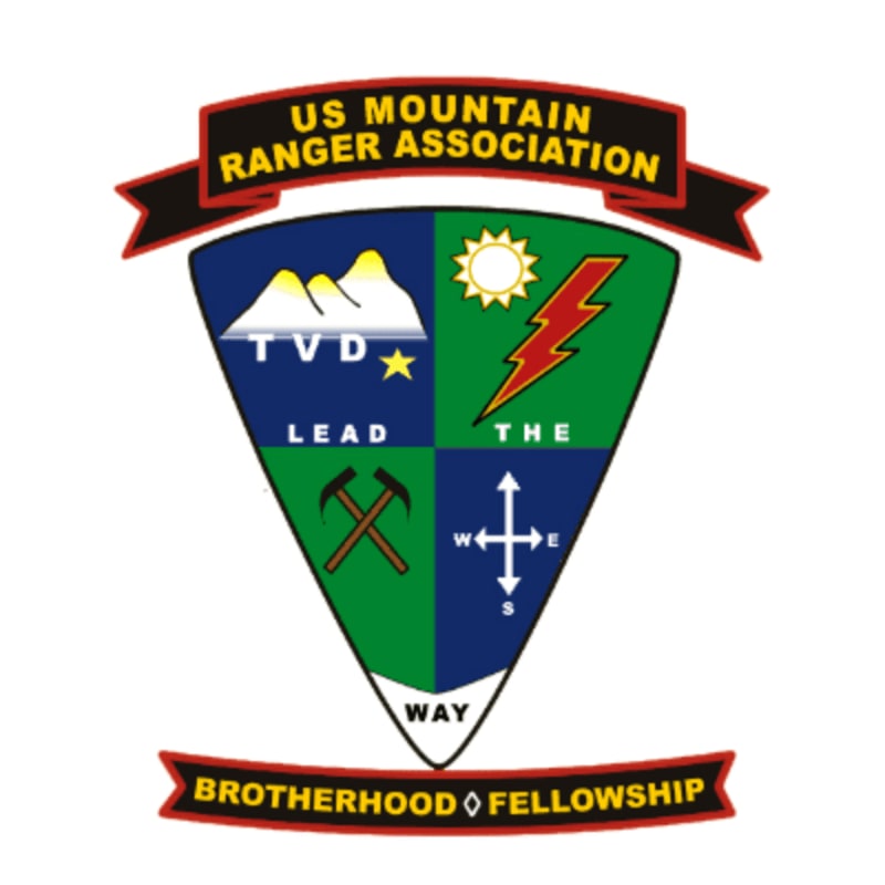 A shield-shaped emblem featuring four quadrants with mountains, a sun, lightning, tools, and a compass is framed by red banners on a plain white background.