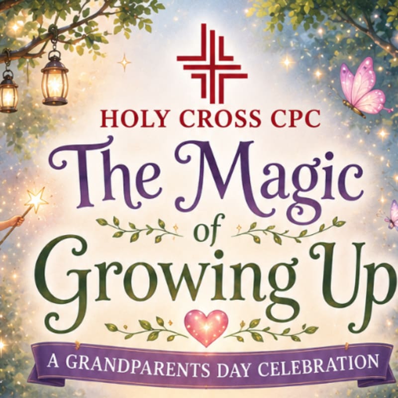 Stylized text for a Grandparents Day celebration is centered in the foreground, set against a magical background of glowing lanterns, butterflies, and sparkling trees.