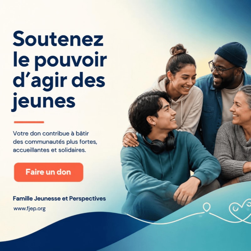 A group of smiling young adults sits in the foreground against a soft blue and white background featuring French text and a red donation button.